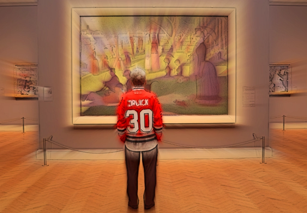 Illustration : La folle journée de Douglas Druick (photogramme très retouché et recadré - extrait d’une vidéo du Art Institute of Chicago publiée en décembre 2015)