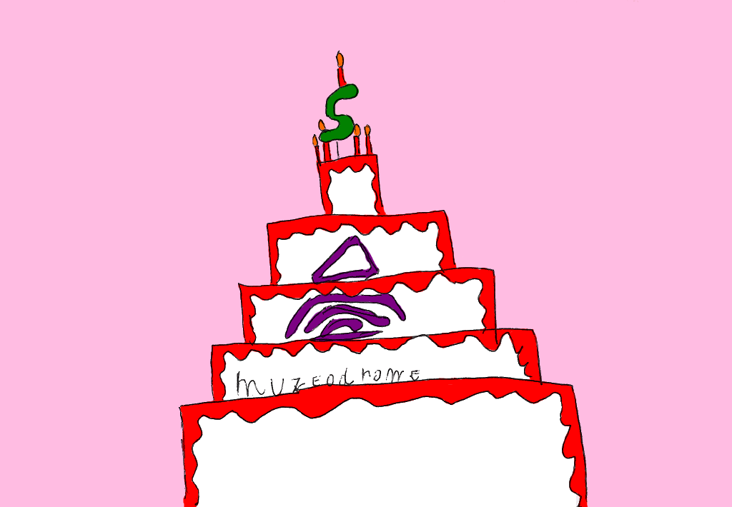 Illustration : Le gâteau d’anniversaire des 5 ans de muzeodrome dessiné Saul (9 ans et demi)