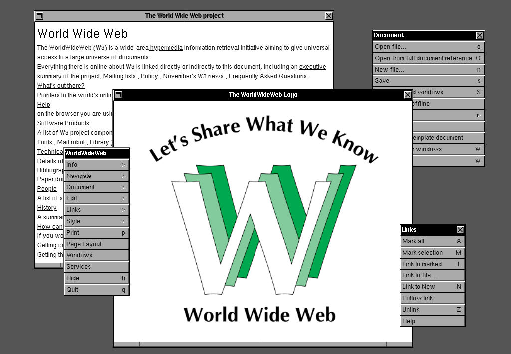  Interface du World Wide Web (Simulateur) + Logo « historique » du World Wide Web créé par Robert Cailliau en 1990. (Montage O.P.)