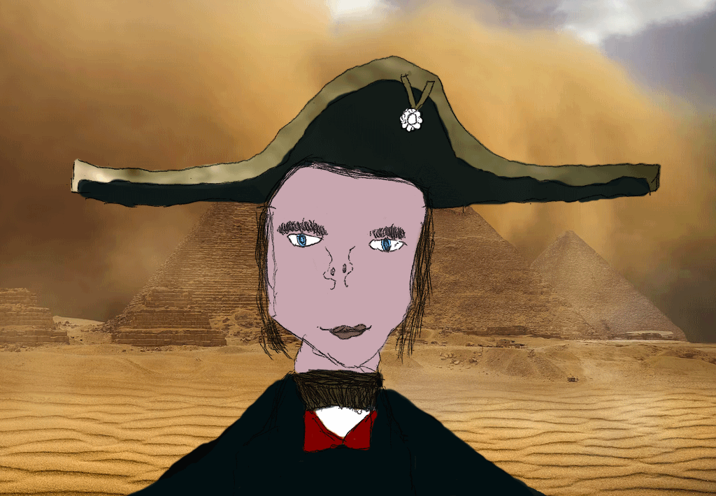 Illustration : Napoléon Bonaparte dessiné par Saul (8 ans) - d’après le personnage de Napoléon interprété par Joaquin Phoenix dans le film réalisé par Ridley Scott - photo de fond Gaurav D Lathiya via unsplash