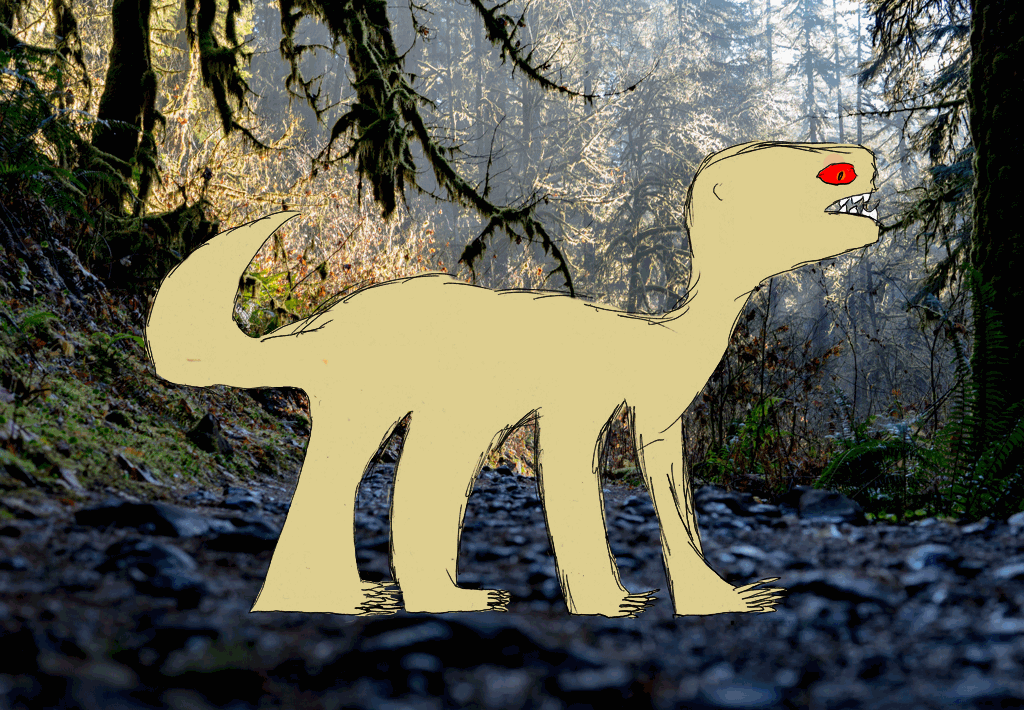 Illustration : un dinosaure totalement imaginé par Saul P. (8 ans) - photo de fond de Dylan Freedom sur Unsplash